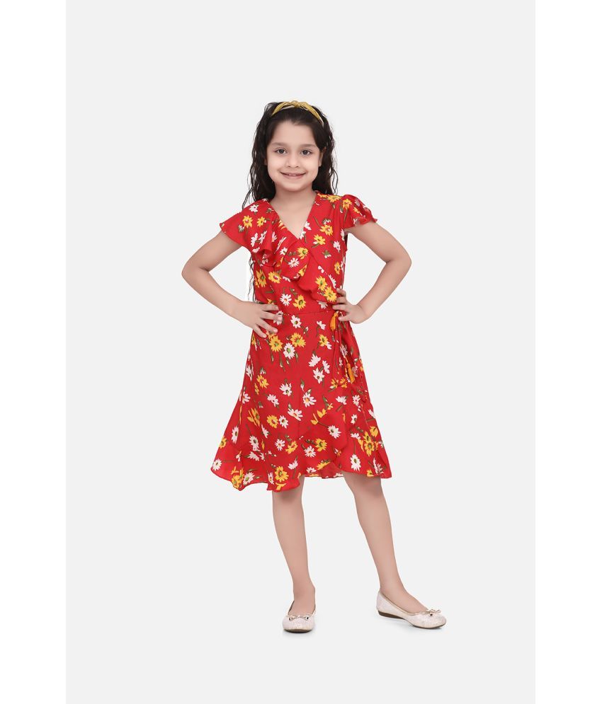     			StyleStone Girls Red Floral Polyester Crepe Dress with Ruffle