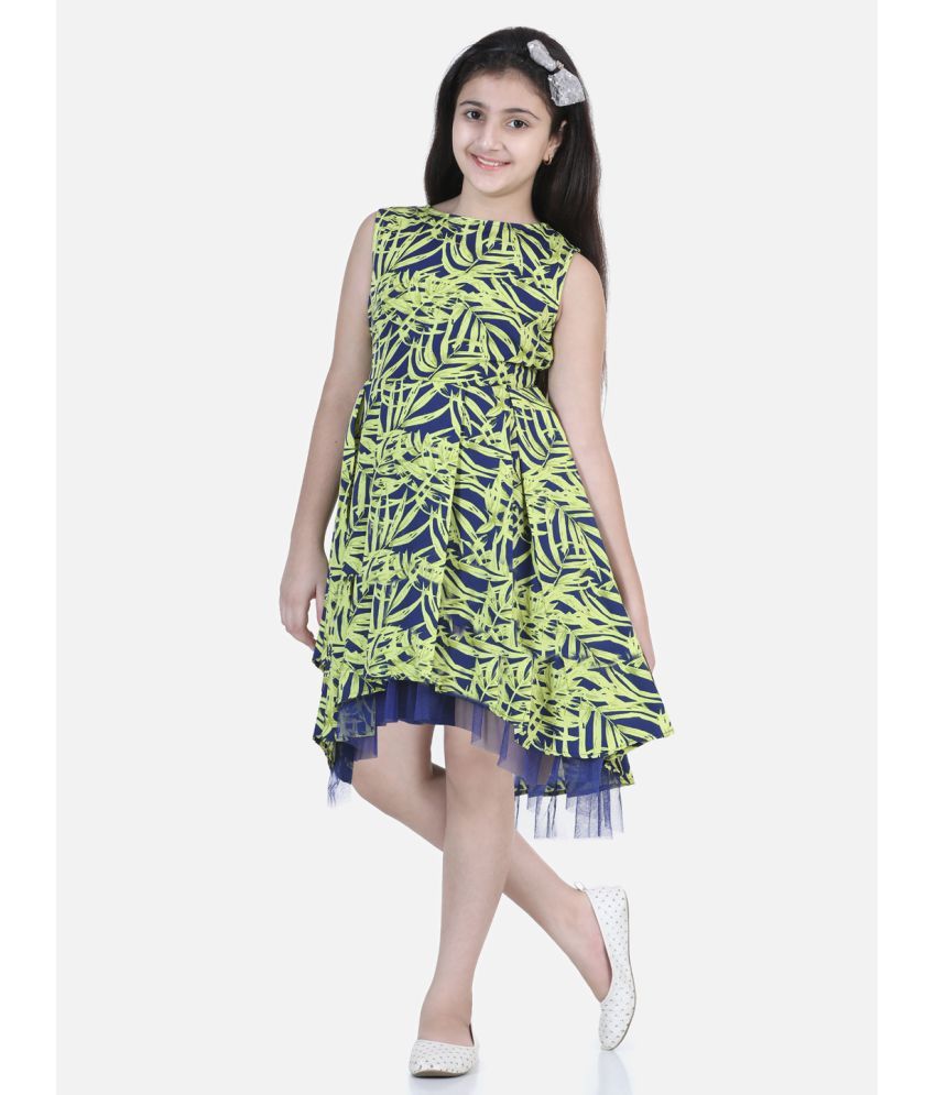     			StyleStone Girls Yellow and Blue Printed Hi-Lo Dress with Net Inset