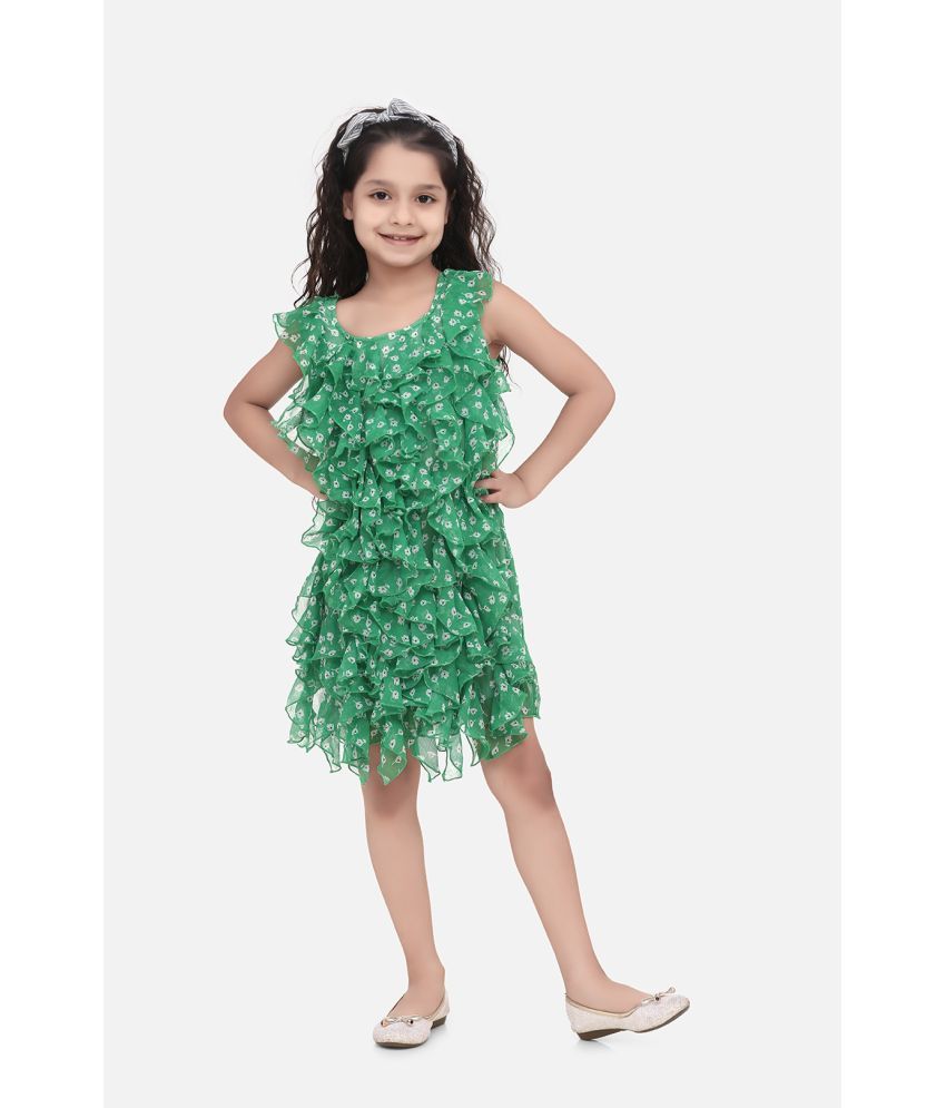     			SyleStone Girls Green Chiffon Printed Ruffle Dress