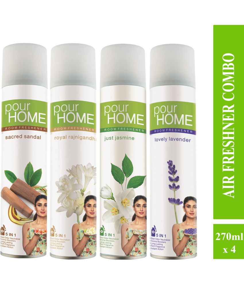     			POUR HOME Sacred Sandal, Rajnigandha,Jasmine,Lavender Room Freshener Spray, 220ml Each (Pack of 4)