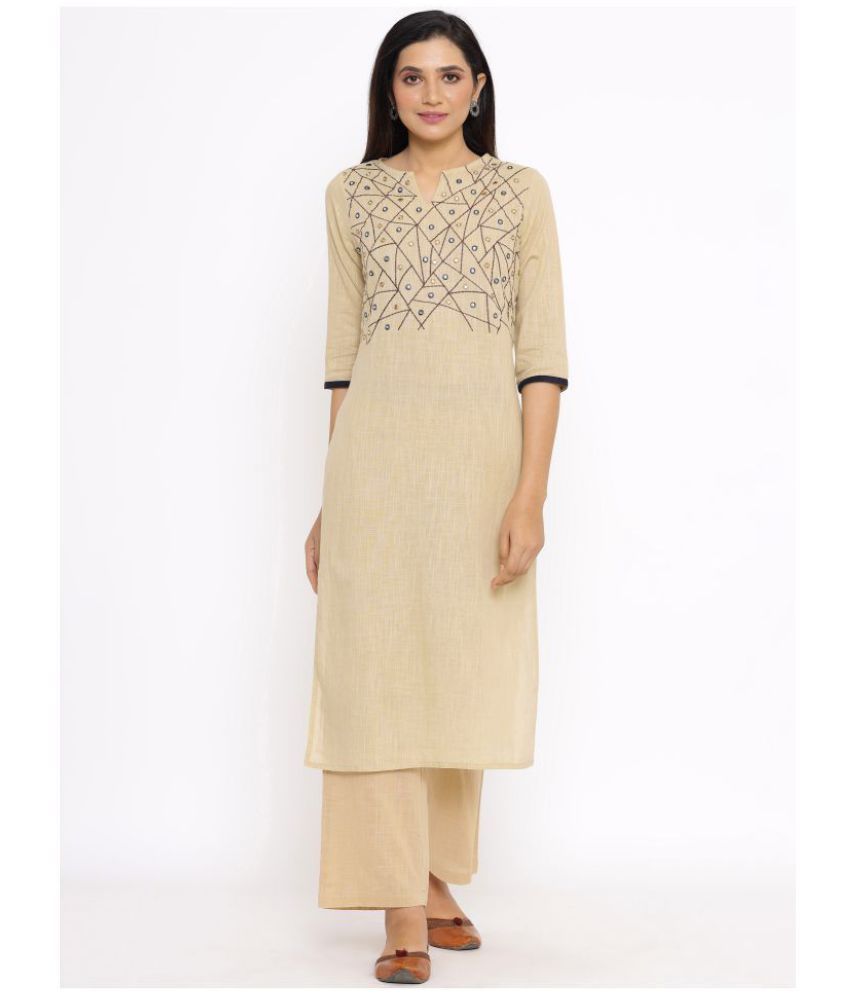     			SAART BUNAAI Beige Cotton Kurti With Palazzo - Stitched Suit Single