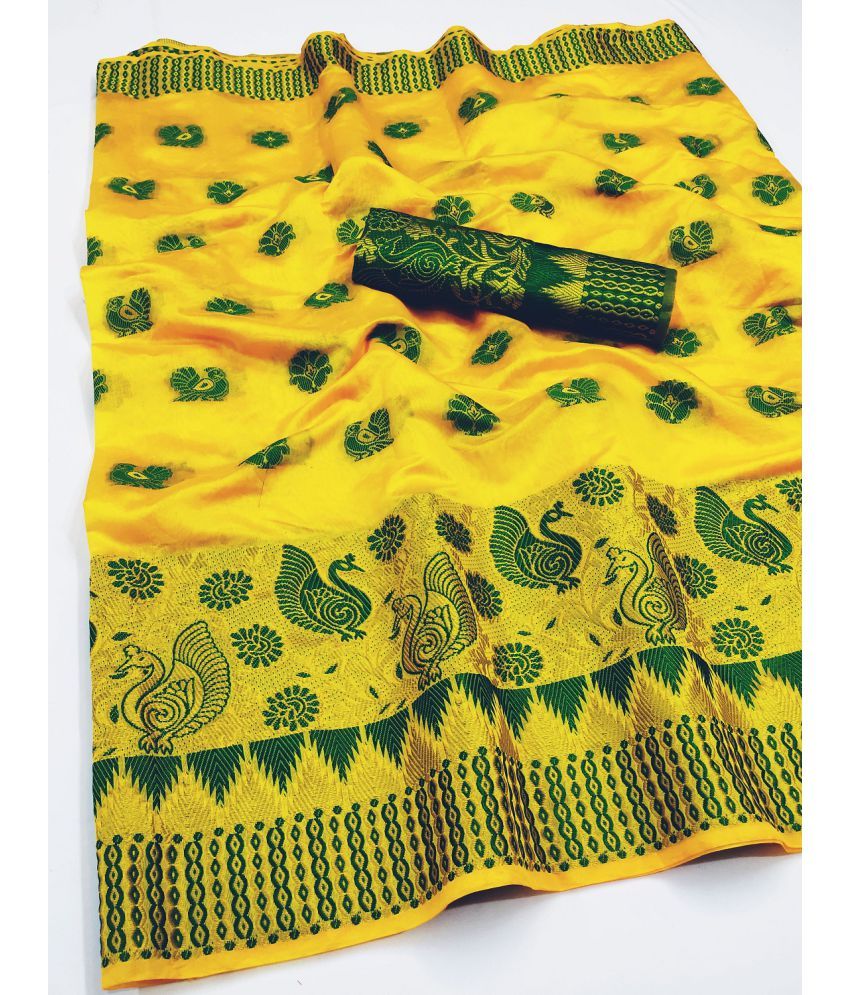     			PRIHAL ART Yellow Banarasi Silk Saree - Single