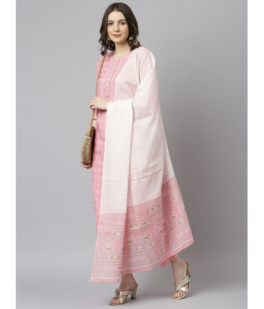     			Janasya Pink Cotton Kurti With Pants - Stitched Suit