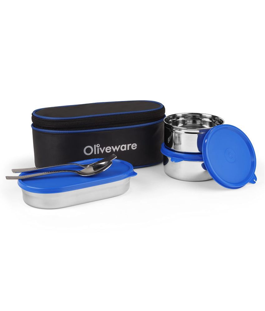     			Oliveware Sophia Insulated Fabric Bag Lunch Box, Stainless Steel 3 Containers with Steel Spoon & For - Blue