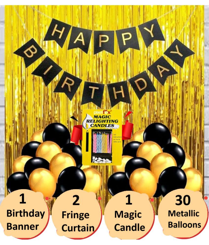     			Happy Birthday Banner (Black)+ 30 Metallic Balloons (Gold, Black) + 2 Fringe (Golden) + 10 pc. Magic Candles
