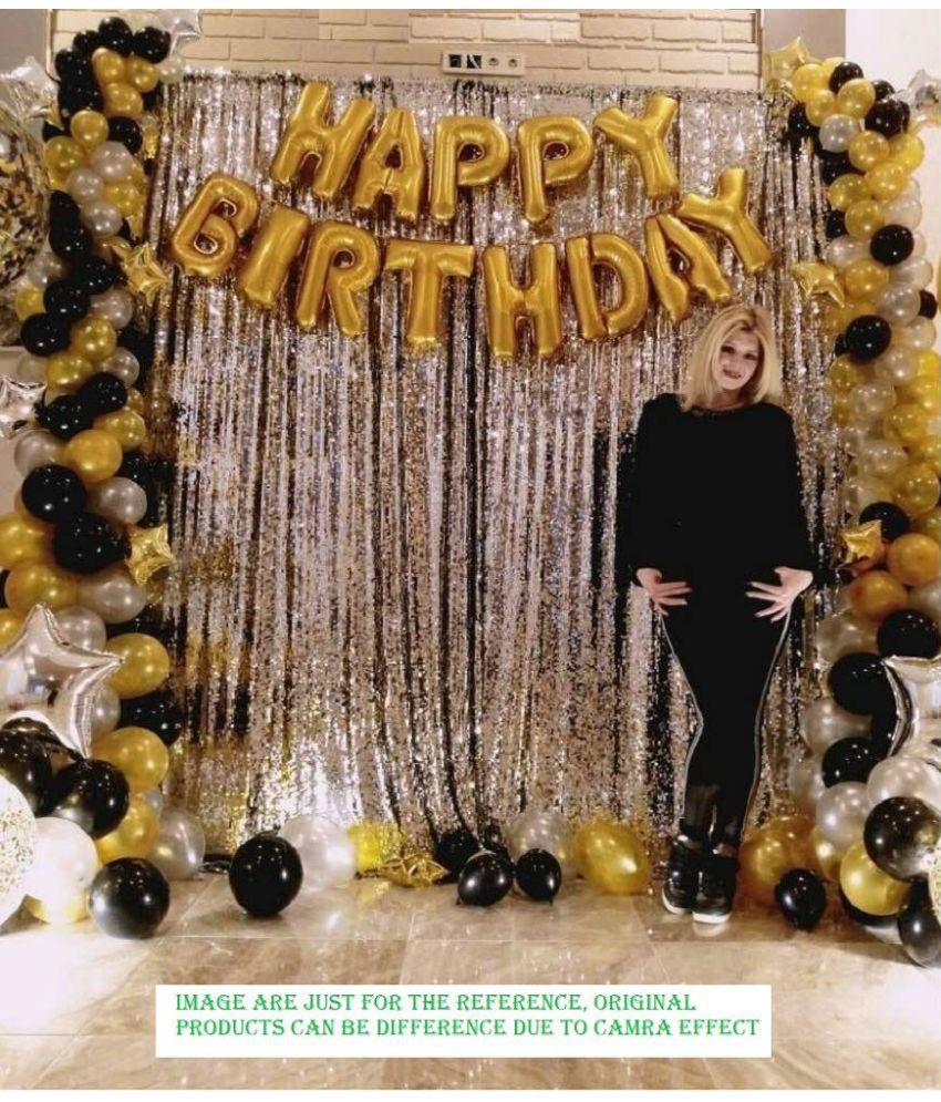     			Happy Birthday Foil Golden (13 letters) + 2 Fringe (Silver) + 30 Metallic Balloons (Gold, Black, Silver)