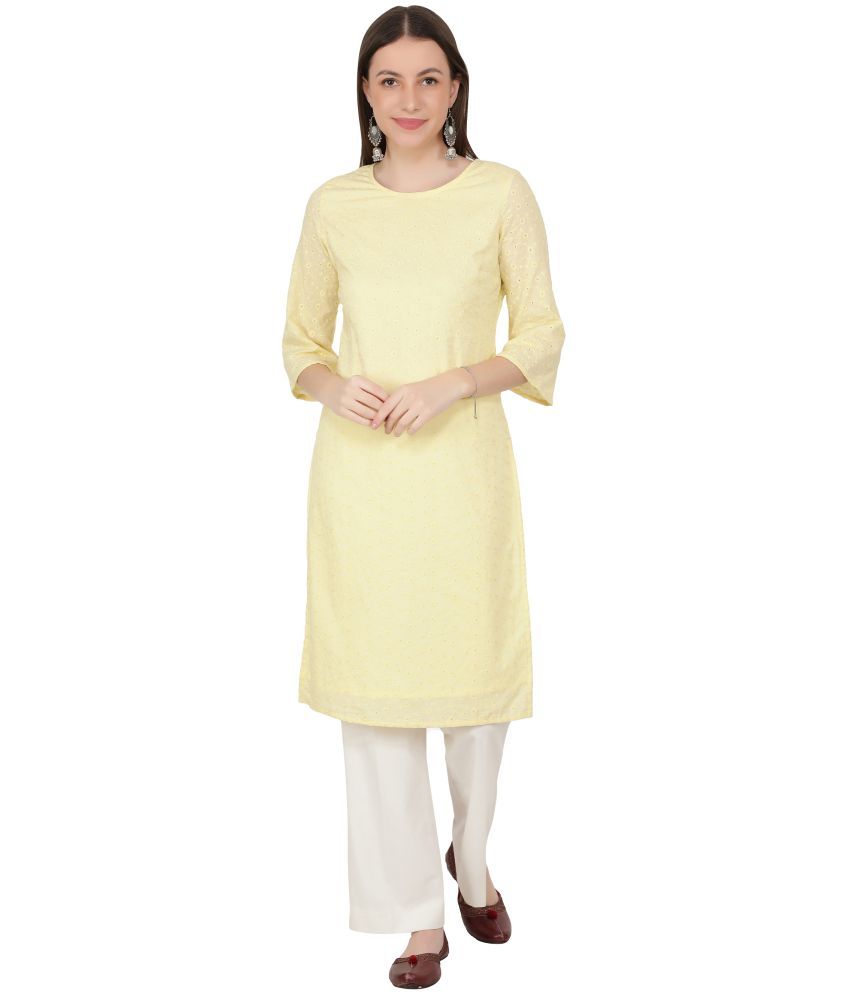     			NUEVOSDAMAS - Yellow Cotton Blend Women's Straight Kurti