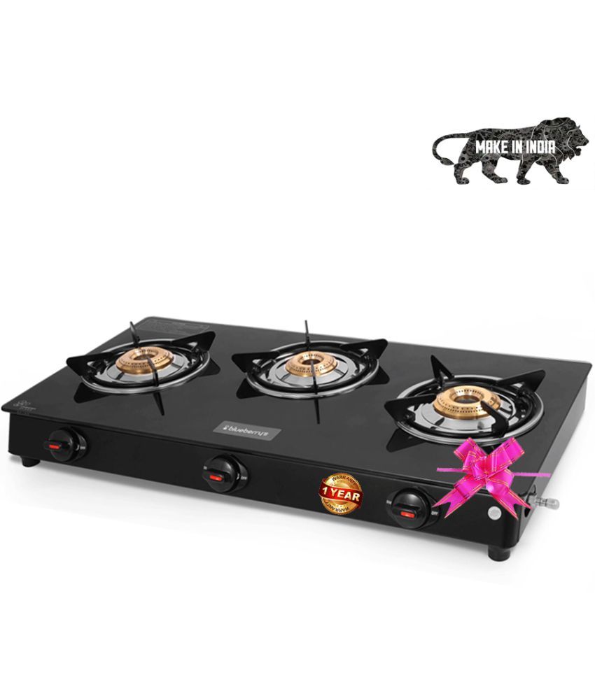 3 Burner Glasstop Gas Stove Touphened Glass 7mm Thickness ,Brass Burner