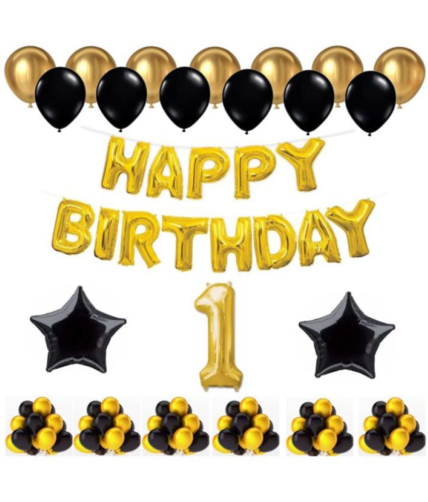     			Blooms Event 1 Set Happy Birthday Foil Balloons (Golden Color, 2 PcsBlack Foil Star , 50 Pcs Metallic Balloons   (Black & Golden), 1 No. Foil Number Golden