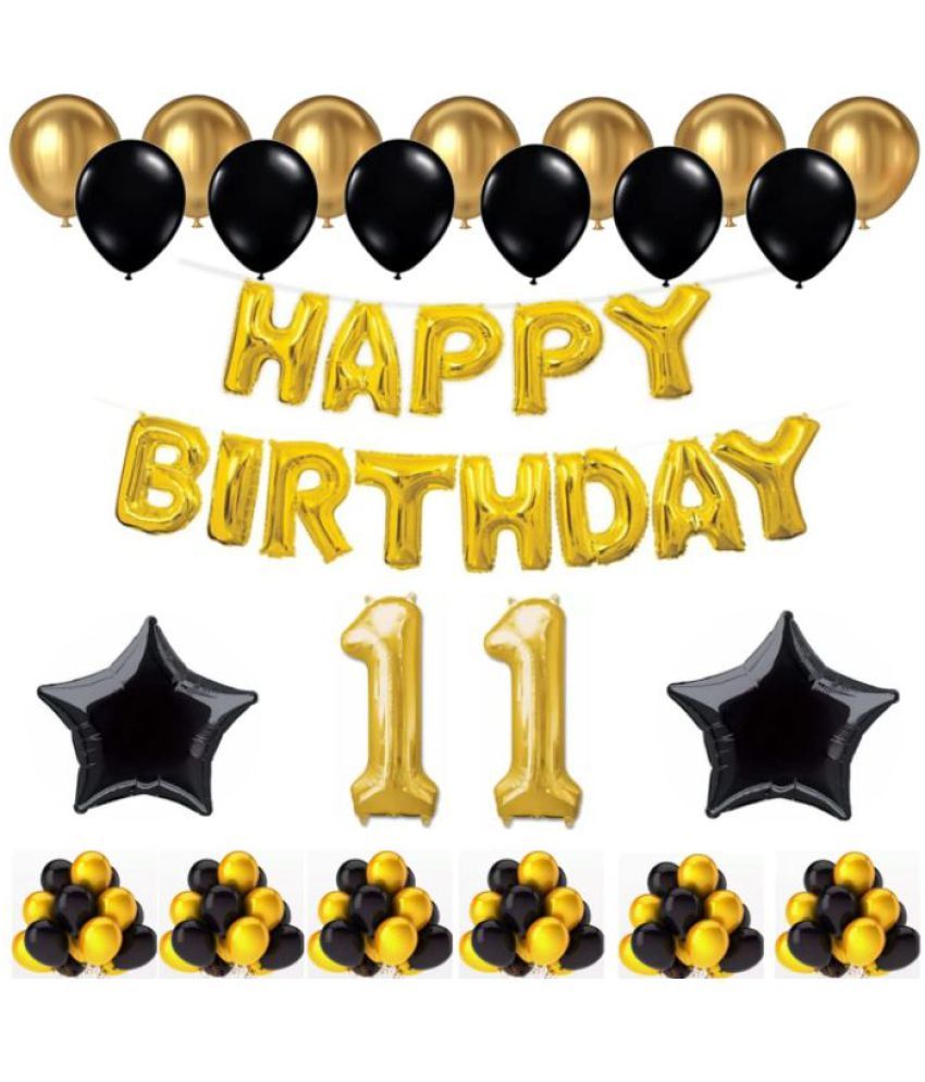     			Blooms Event 1 Set Happy Birthday Foil Balloons (Golden Color, 2 PcsBlack Foil Star , 50 Pcs Metallic Balloons   (Black & Golden),11 No. Foil Number Golden