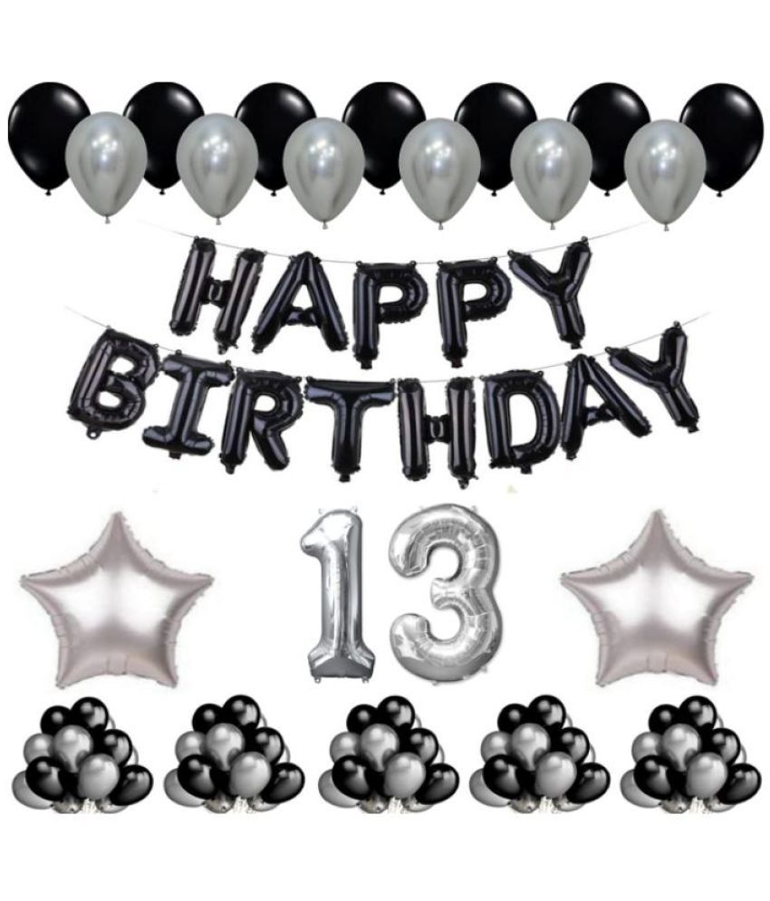     			Blooms Event 1 Set Happy Birthday Foil Balloons     Black Color , 2 Pcs silver  Foil Star , 50 Pcs Metallic Balloons   (Black &  Silver ),13No. Foil Number Silver