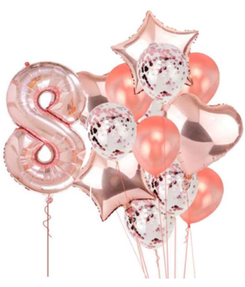     			Blooms Event Rose Gold special 8 No. rose gold foil 2 pcs of rosegold Heart foil, 2pcs of rosegold Star Foil ,5pcs Confetti Balloon , & 5pcs rosegold Latex Balloon