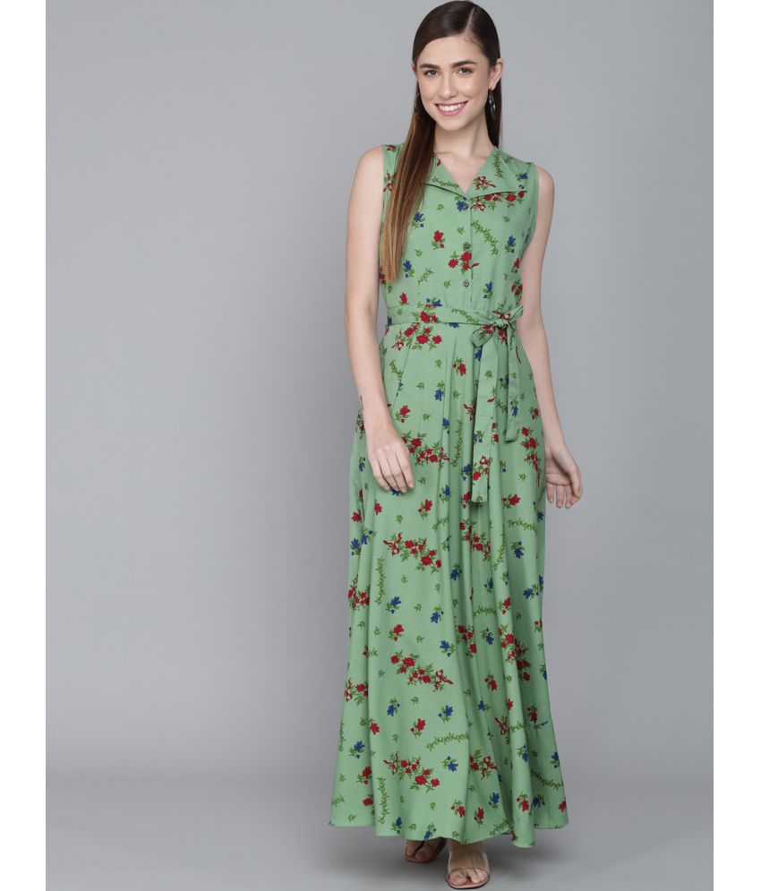     			Rudrakriti Crepe Green A- line Dress -