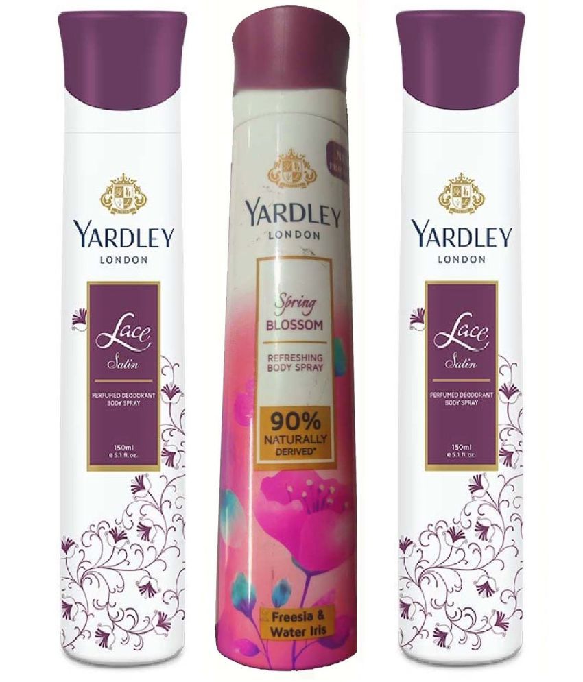     			YARDLEY LONDON 2 LACE  BODY SPRAY  1 SPRING BLOSSOM , BODY SPRAY  150 ML EACH ,PACK OF 3 .