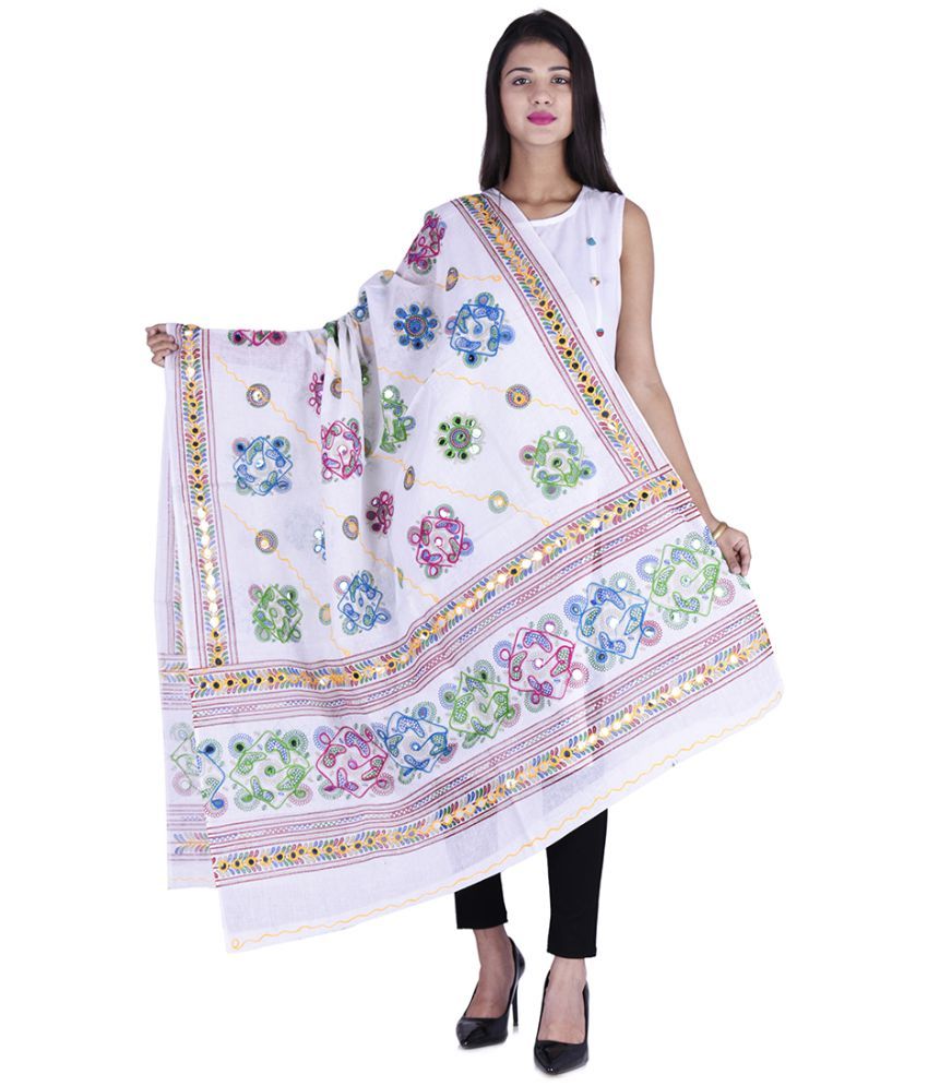     			Apratim White Cotton Kutch Embroidered Dupatta - Single