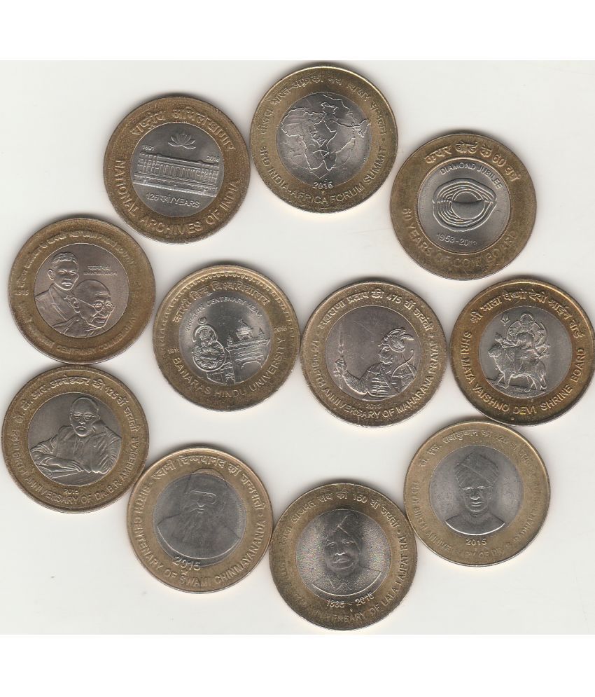     			NUMISMATTECLY  RARE AND COLLECTIBLE  COMMOMORATIVE-TEN RUPEE - ELEVEN  PIECE ALL DIFFRENT PHOTOS VERITY -METAL-BI-METALIC.MIX YEAR IN EXTRA FINE TO  UNC CONDITION HIGHLY COLLECTIBLE