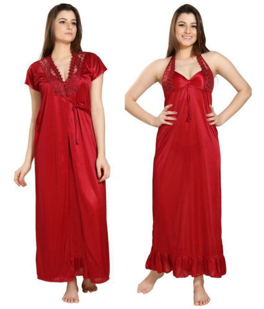     			Romaisa Satin Nighty & Night Gowns - Maroon Pack of 2