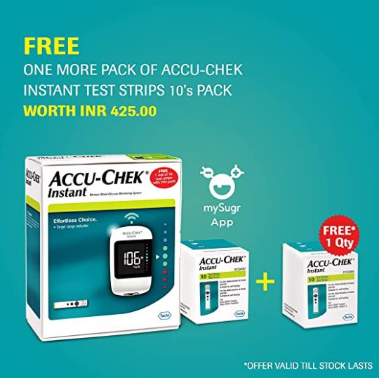     			Accucheck Instant Glucometer + Instant 10 test strips + with additional 10 test Strips worth INR 425 FREE