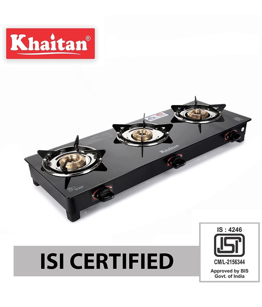 Khaitan 3 Burner Gas Stove BPJIO Black Toughened Glass Top, manual