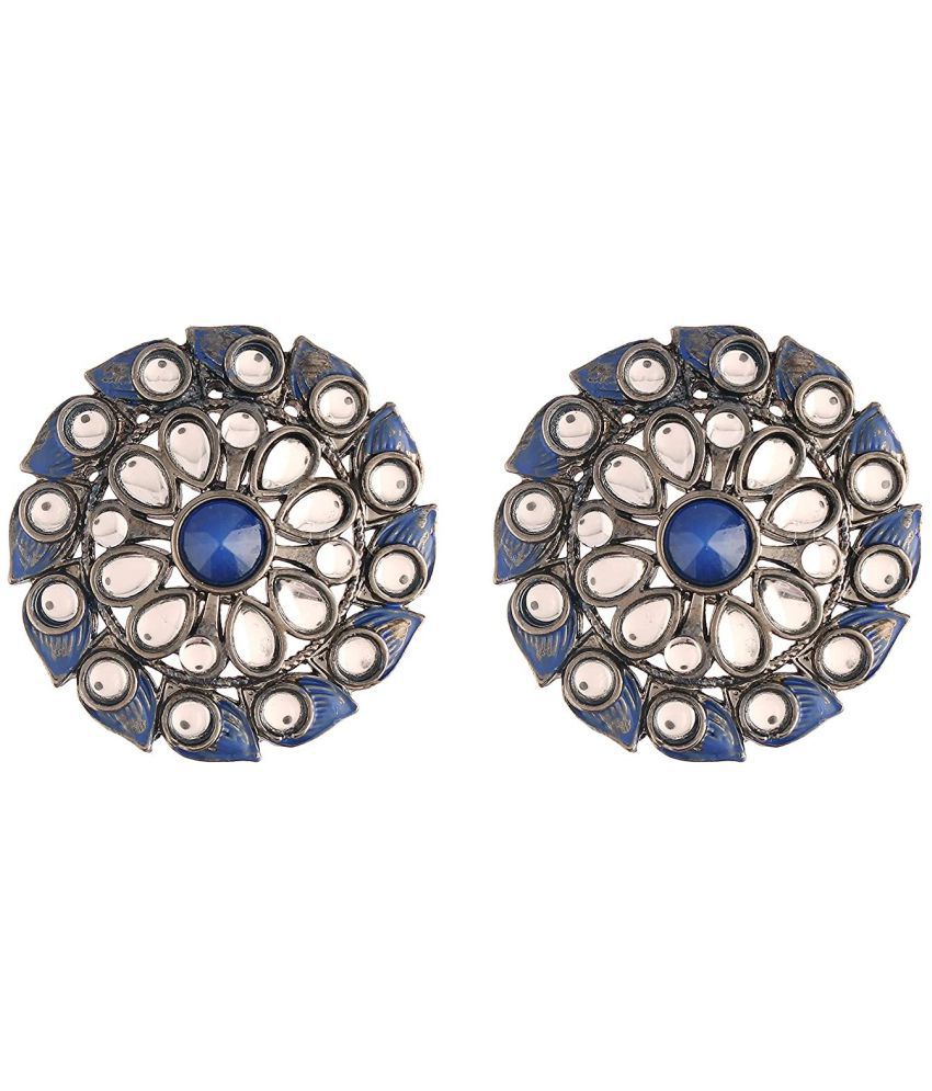     			I Jewels Silver Oxidized Kundan Studded Meena Work Designer Circular Stud Earrings for Women(E2935ZBl)