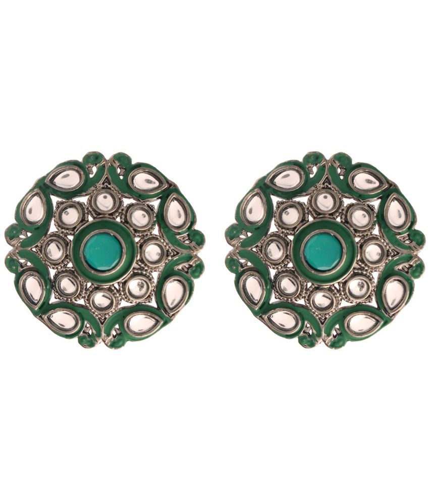    			I Jewels Silver Oxidized Kundan Studded Meena Work Designer Circular Stud Earrings for Women(E2931ZG)