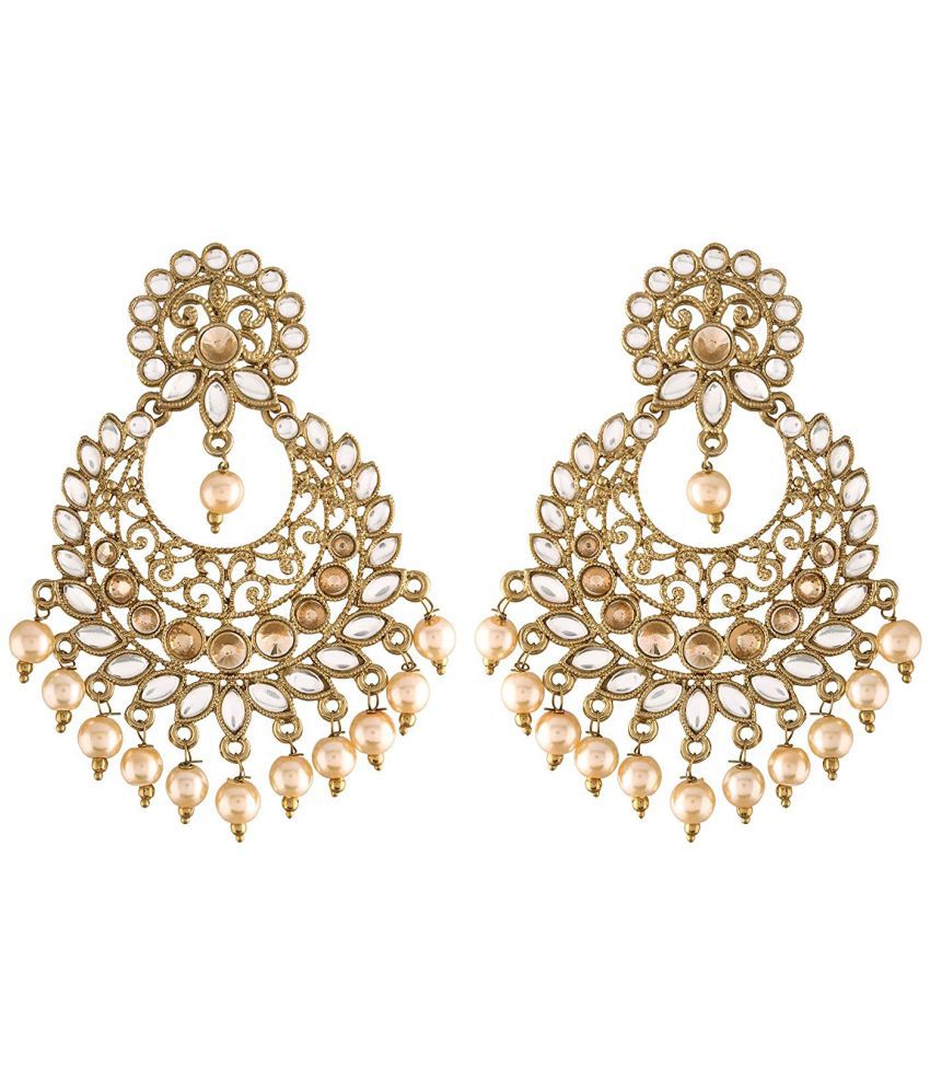     			I Jewels 18K Gold Plated Kundan & Pearl Studded Chandbali Earrings For Women/Girls (E2867W)