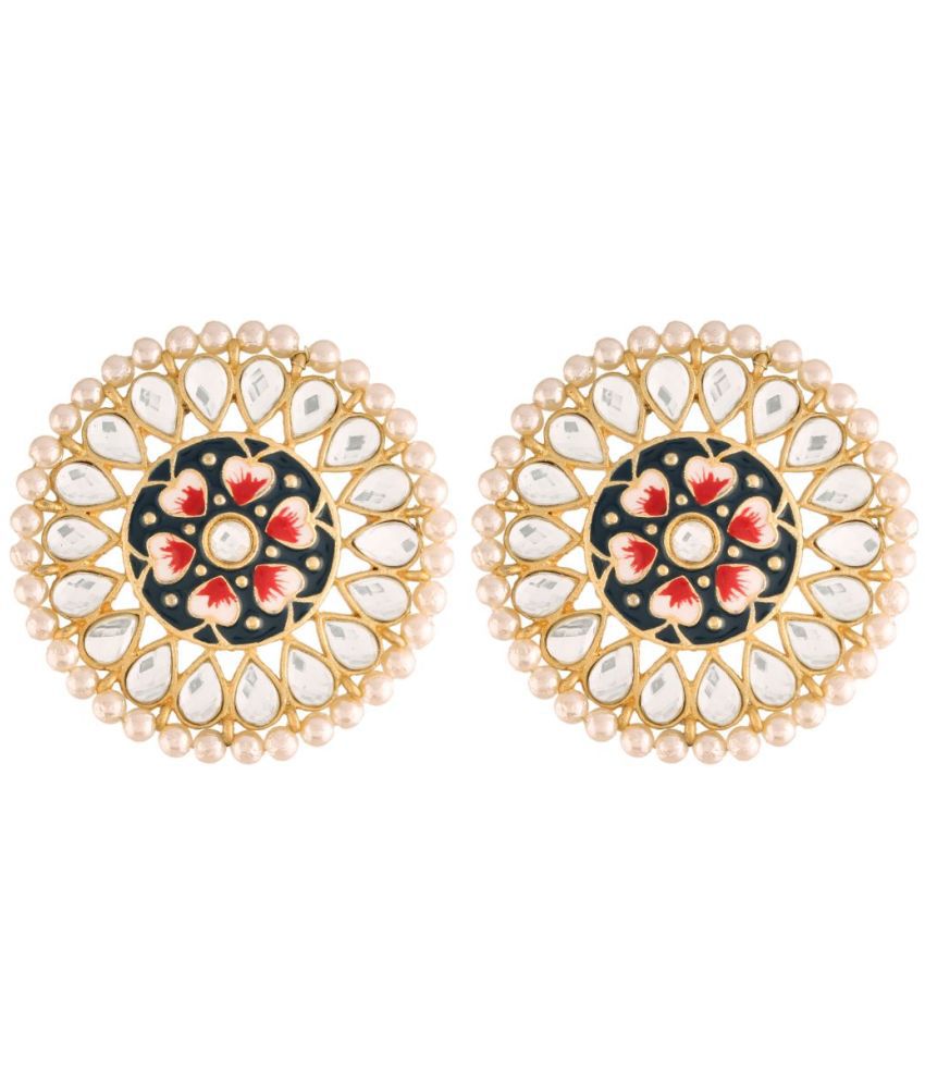     			I Jewels 18k Gold Plated Round Kundan Pearl Meena Work Handcraft Stud Earring for Women (E2878BL)