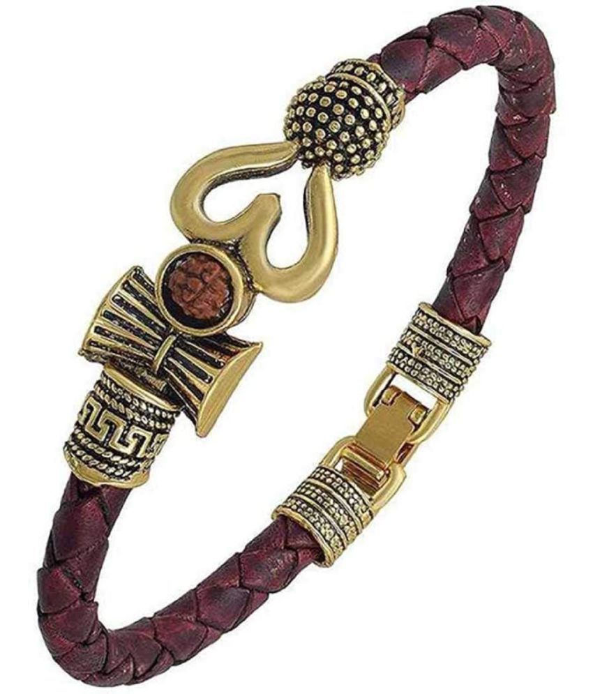 PK Retailers Rudraksha OM Trishul Damroo Designer Oxidized Gold Bahubali Leather Kada Bracelet for Men & Women
