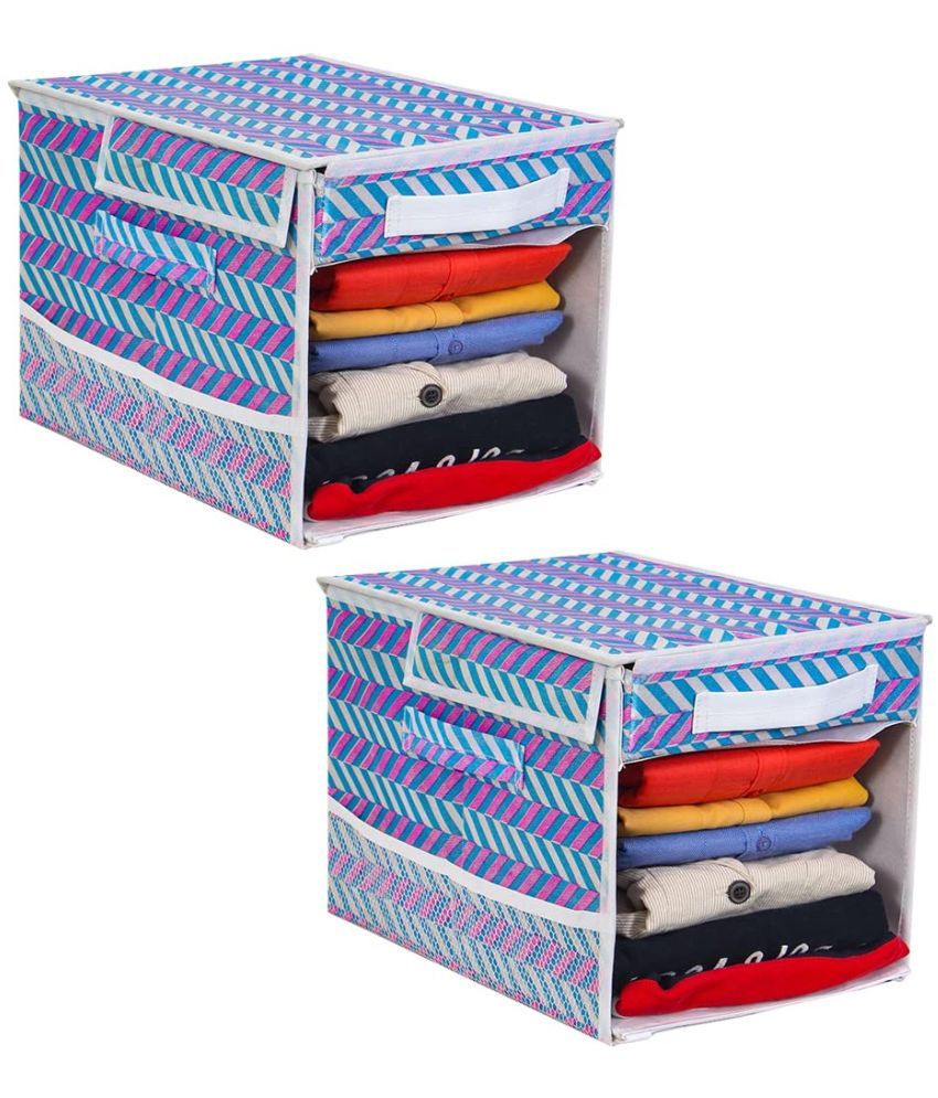     			PrettyKrafts Foldable Cloth Shirt Stacker, Cloth Wardrobe Organizer With 1 Removable Drawers,Side Net Pockets,Carrying Handle & Lid For Shirts, Sarees, Clothes,(Pack of 2),Arrow Blue