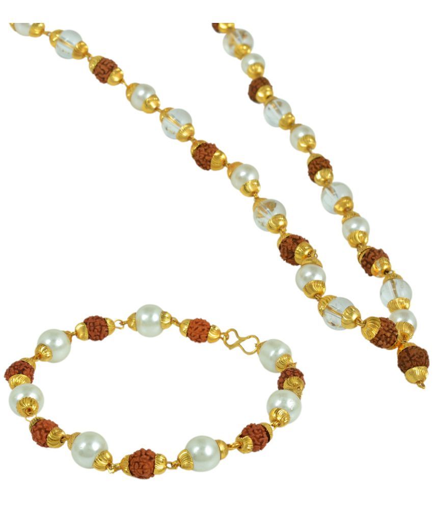     			PAYSTORE Gold plated Combo of Original Panchmukhi Rudraksh, White crystal and Pearl necklace and matching Bracelet for Men