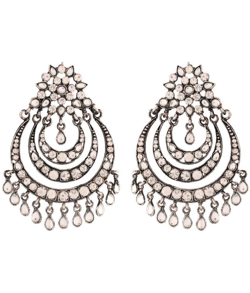     			I Jewels 18K Silver Oxidised Traditional Stone Studded Chandbali Earrings for Women (E2633OX)