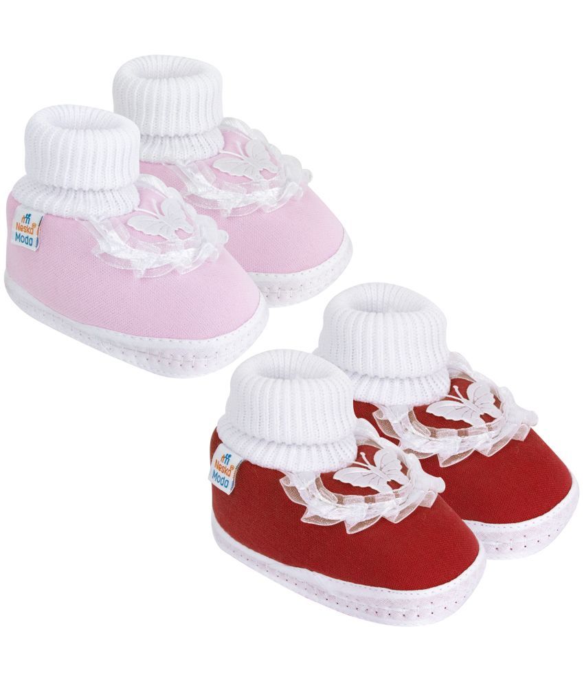     			Neska Moda Set of 2 Pair Baby Girls Butterfly Frill Cotton Booties For 0 to 6 Months (Pink,Maroon)