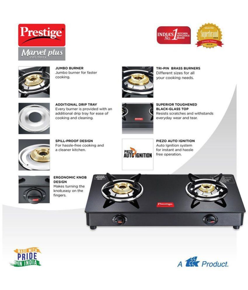 Prestige Marvel Plus Auto Ignition 2 Burner Glass top, GTM 02 AI, Black