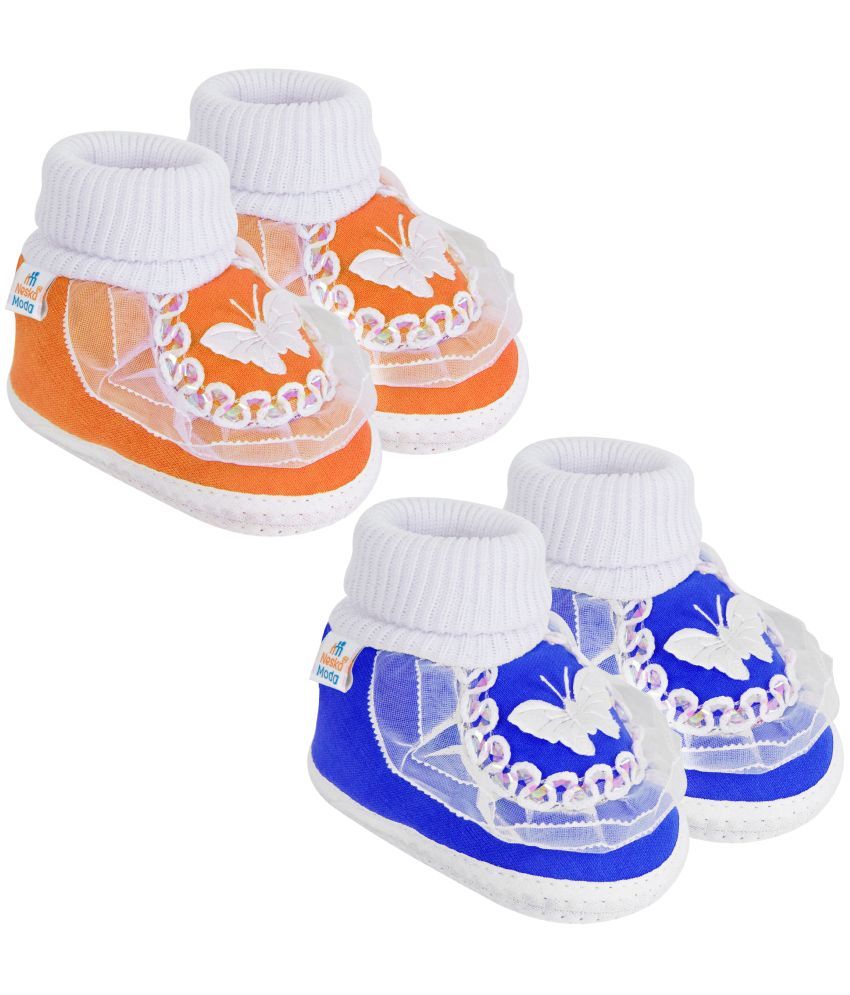     			Neska Moda Set of 2 Pair Baby Boys & Baby Girls Butterfly Frill Cotton Booties For 12 to 24 Months (Blue,Orange)