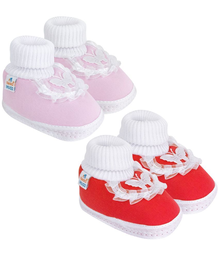     			Neska Moda Set of 2 Pair Baby Girls Butterfly Frill Cotton Booties For 12 to 24 Months (Pink,Red)