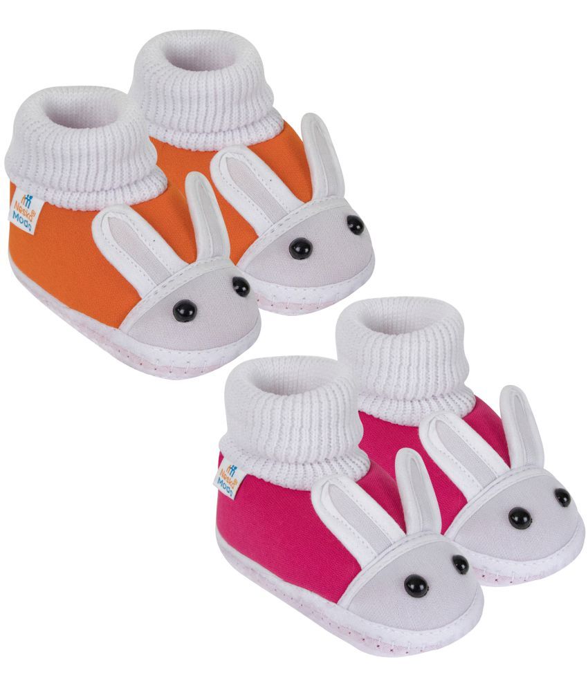     			Neska Moda Set of 2 Pair Baby Boys & Baby Girls Rabbit Face Cotton Booties For 12 to 24 Months (Orange,Pink)