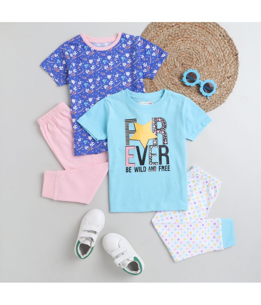 BUMZEE Blue & Pink Girls Half Sleeves T-Shirt & Pajama Set Pack of 2 Age  - 6-12 Months