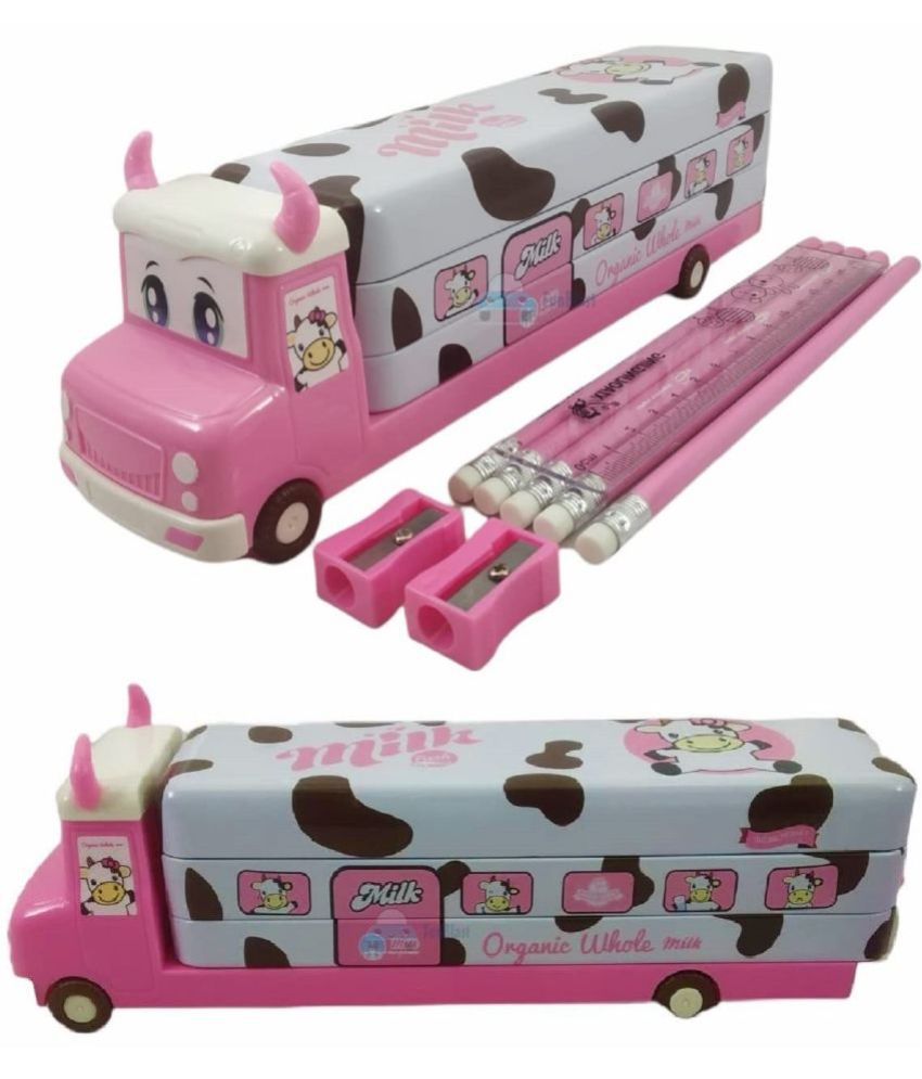     			FunBlast Pencil Box for Kids Bus with Moving Tyres & Sharpener for Kids Truck Geometry Box for Kids & Girls (Pink Cow Truck Case)