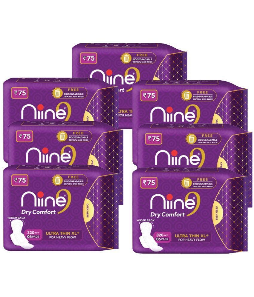     			Niine Dry Comfort Ultra Thin XL+ Sanitary Napkins for Heavy Flow (Pack of 7) 42 Pads with Free Biodegradable disposable bags