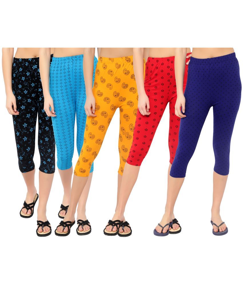     			Diaz Multi Cotton Lycra Abstract Capri - Pack of 5