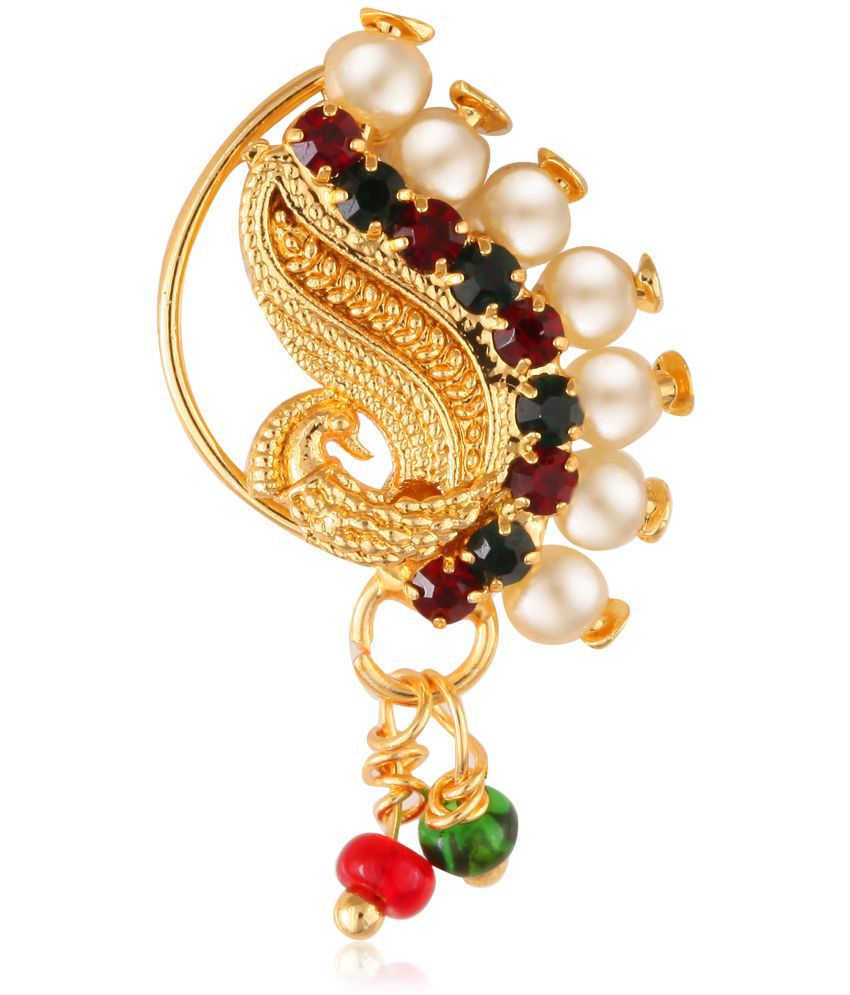     			Vighnaharta Gold Plated with Peals Alloy and CZ stone Non Piercing Maharashtrian Nath Nathiya./ Nose Pin for women  [VFJ1080NTH-Press-Multi ]