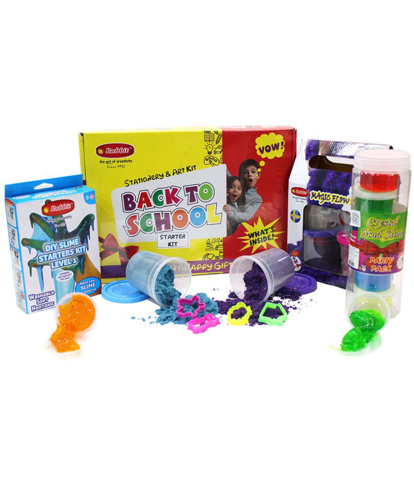     			Rabbit Back To School Starter Kit + Play Slime Crystal Party Pack of 6+ Magic FLow Sand Gift Pack+ DIY Slime making Kit Level 1| Stationery Kit for Kids|  Kinetic Sand with shapes|Putty Toys||Art kit for Kids|slime Toys|