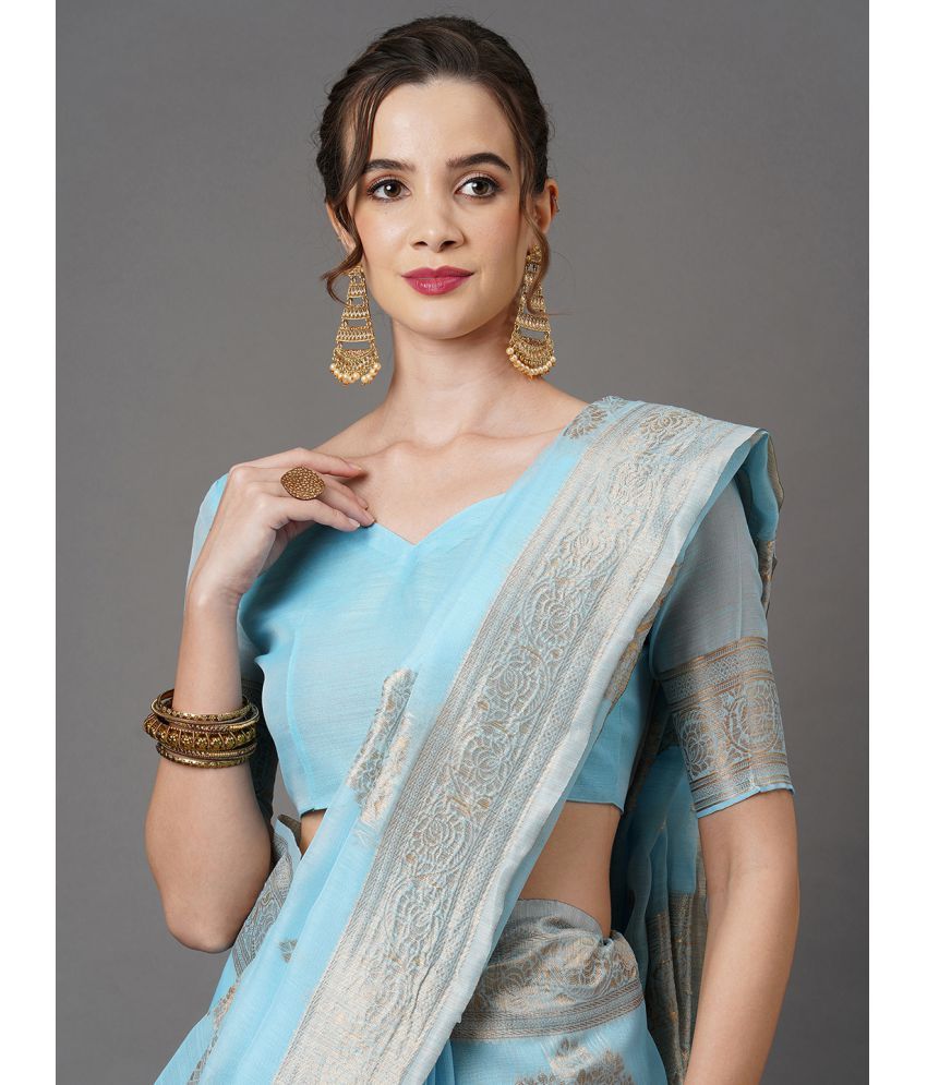 Saree Mall Blue Linen Saree With Blouse Piece ( Pack of 1 ) Buy