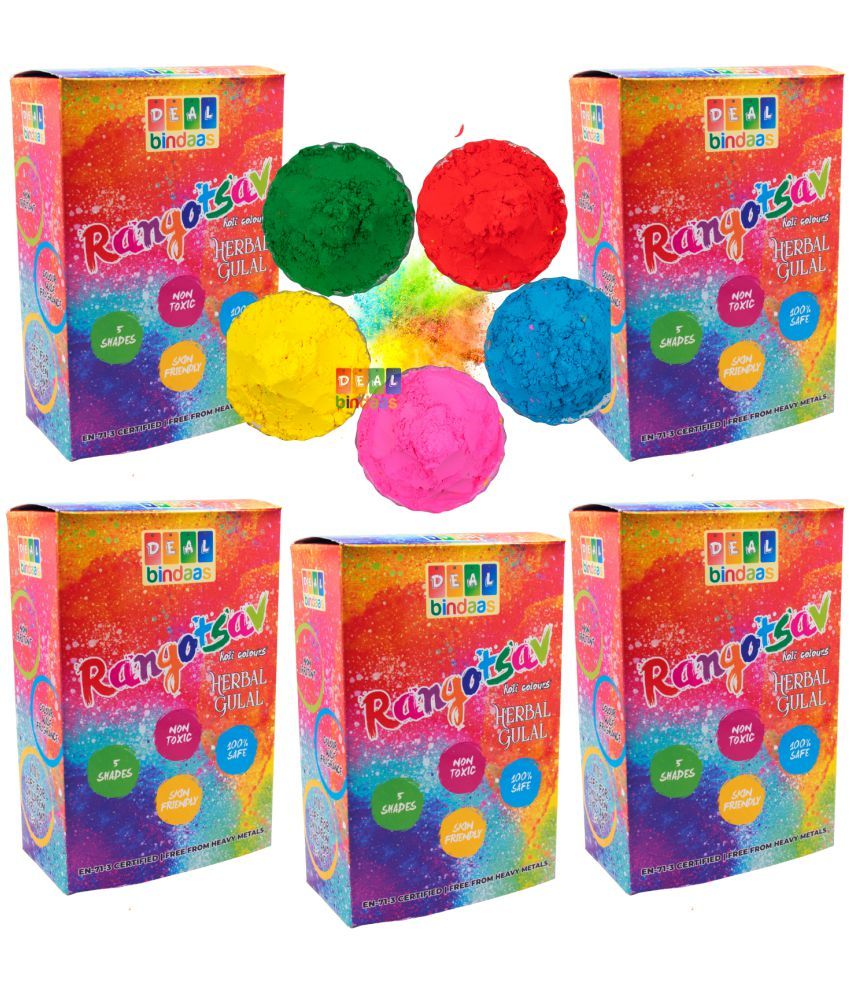     			DealBindaas Holi Colour Rangotsav Herbal Gulal 1250 GMS 5 Shades | NonToxic | Eco Friendly | 100% Safe Holi Color Powder Pack of 5 = 1250gm. (25pcs X 50gm) Herbal Gulal