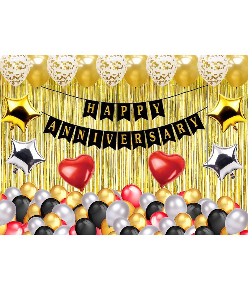     			Happy Anniversary Banner (Black) + 2 Dil (Red) + 2 Star (Golden) + 2 Star (Silver) + 30 Metallic Balloon (Red,Gold,Black,Silver) + 5 Confetti Balloon (Golden) + 2 Fringe (Golden)