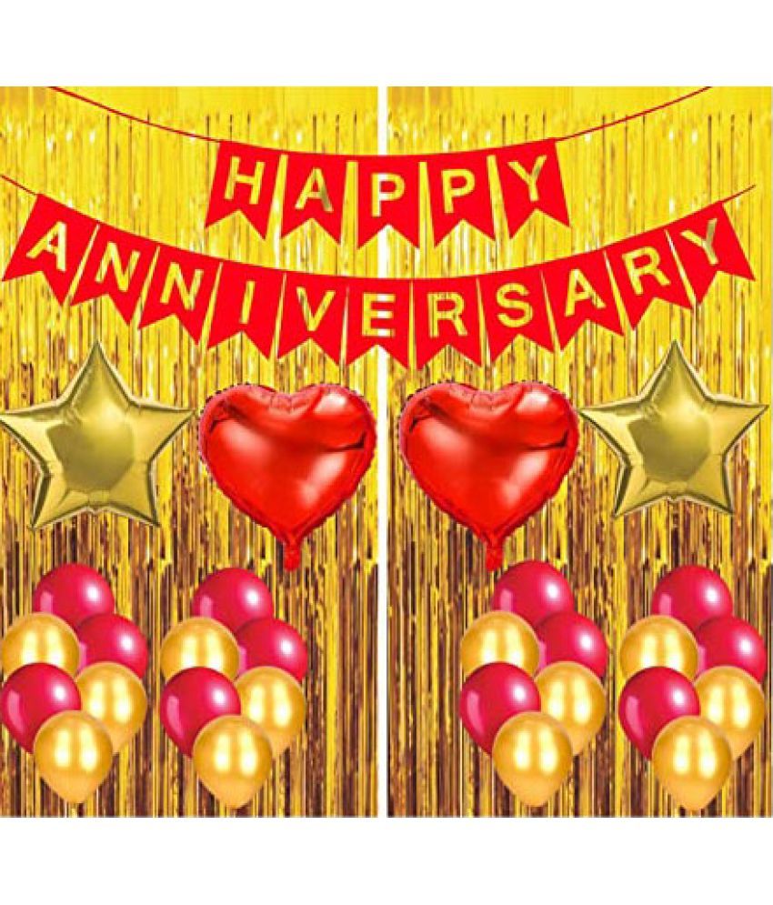     			Happy Anniversary Banner (Red) + 2 Dil (Red) + 2 Star (Golden) + 30 Metallic Balloon(Red,Gold) + 2 Fringe (Golden)