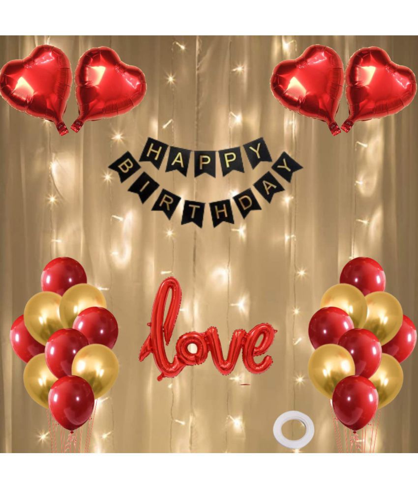     			Happy Birthday Banner (Black) + 30 Metallic Balloon (Red,Gold) + Cursive Love Foil(Red) + 4 Dil(Red) + 1 Ribbon for happy birthday decoration item, birthday decoration kit, birthday balloon decoration combo for Boys, Girls, Kids, husband and Wife.