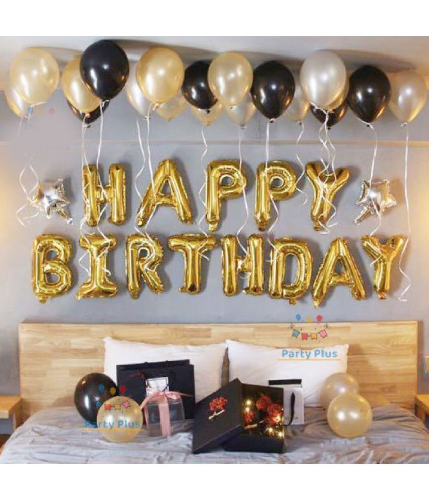     			Happy Birthday Foil (Golden) + 30 Metallic Balloon (Black,Gold,Silver) + 2 Star 10 inch (Silver)