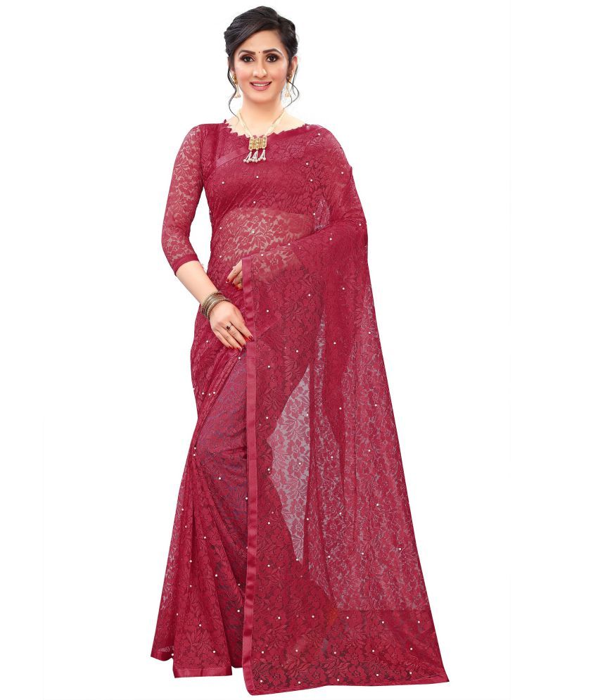     			Indy Bliss - Maroon Net Saree With Blouse Piece ( Pack of 1 )