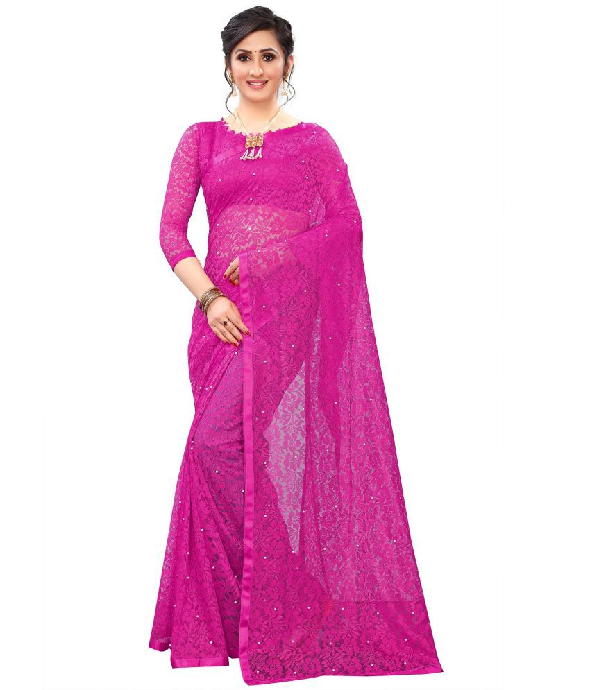     			Indy Bliss - Pink Net Saree With Blouse Piece ( Pack of 1 )
